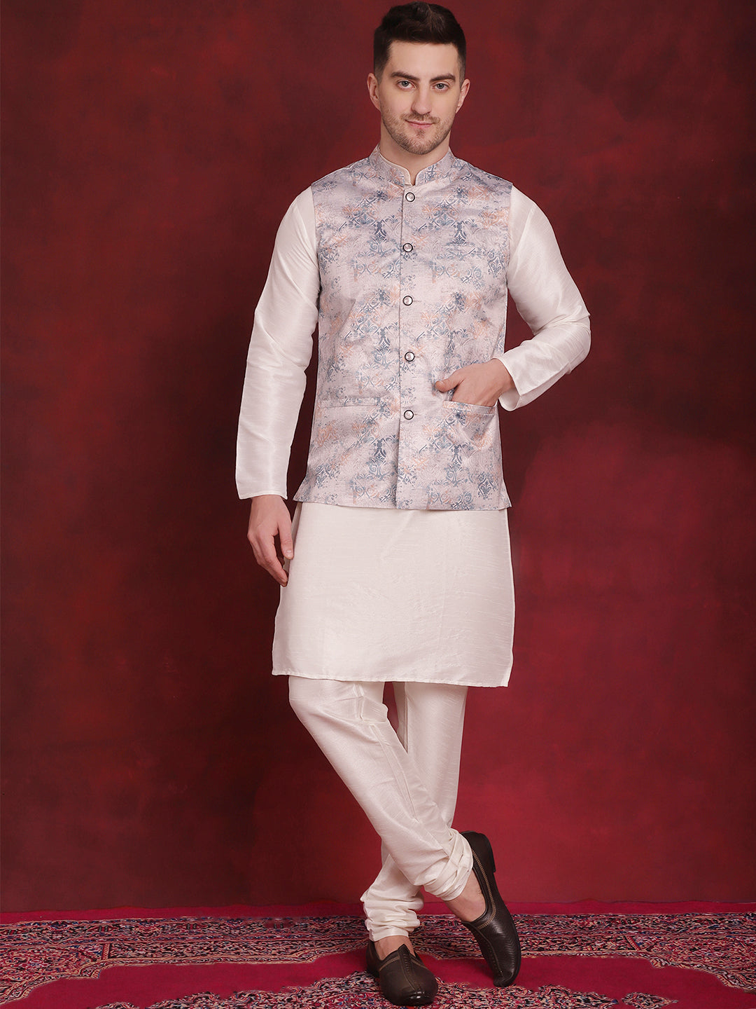 Men's Silver Floral Printed Nehru Jacket With Kurta Pyjama Set - Taantav