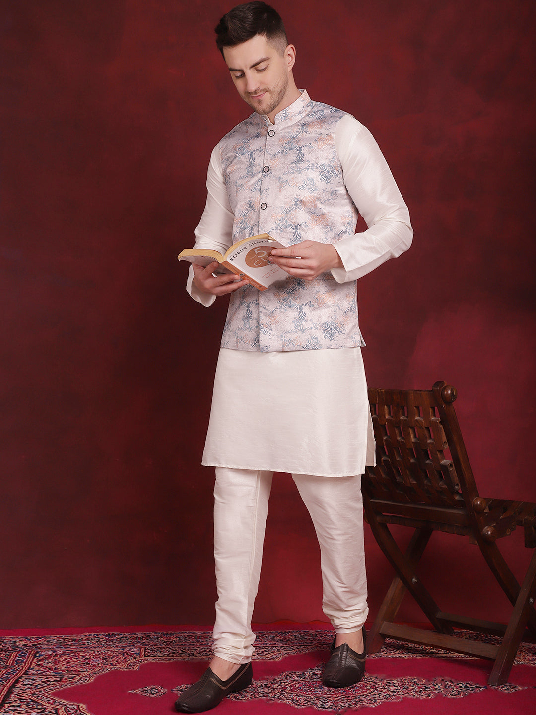 Men's Silver Floral Printed Nehru Jacket With Kurta Pyjama Set - Taantav