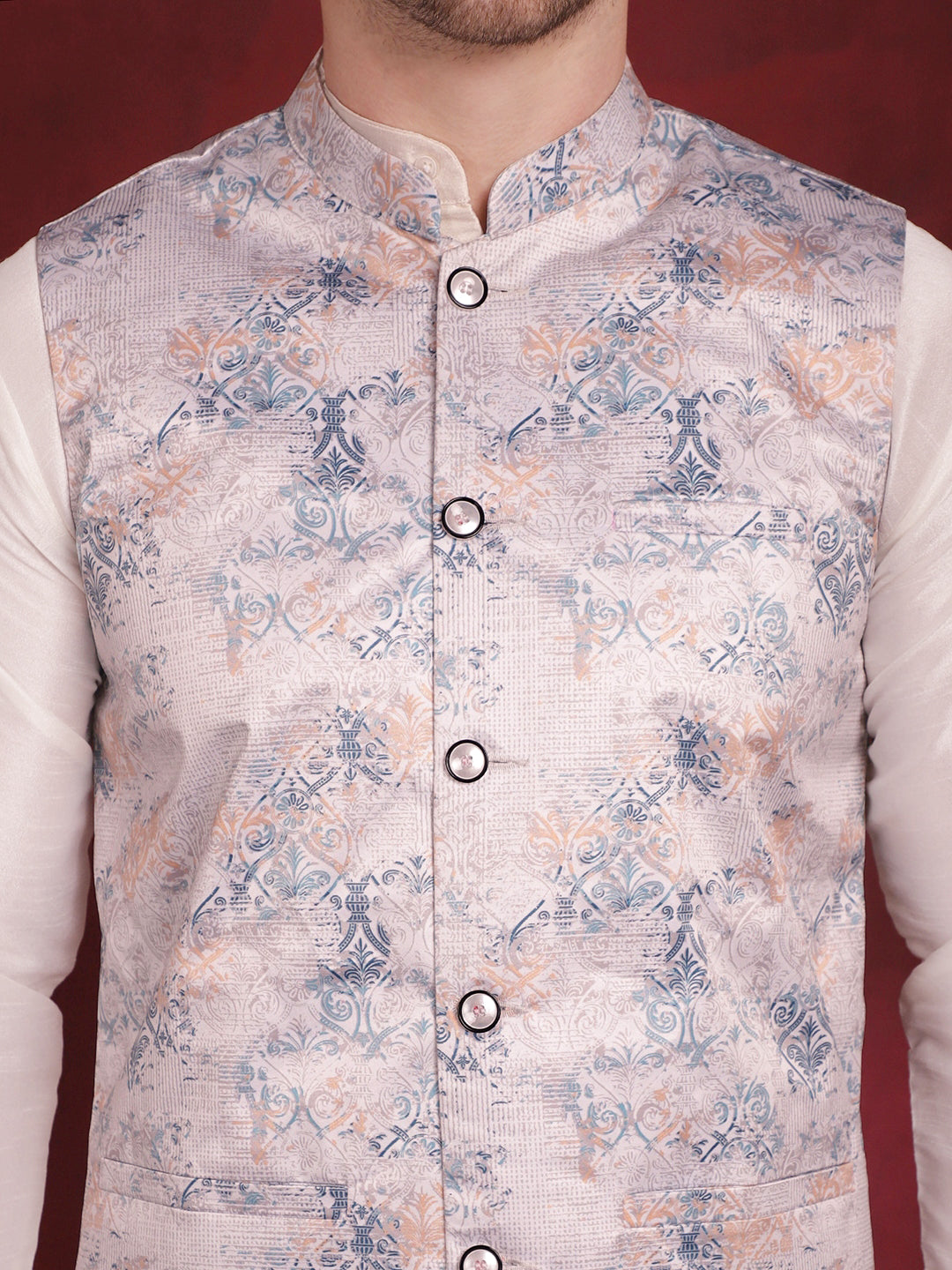 Men's Silver Floral Printed Nehru Jacket With Kurta Pyjama Set - Taantav