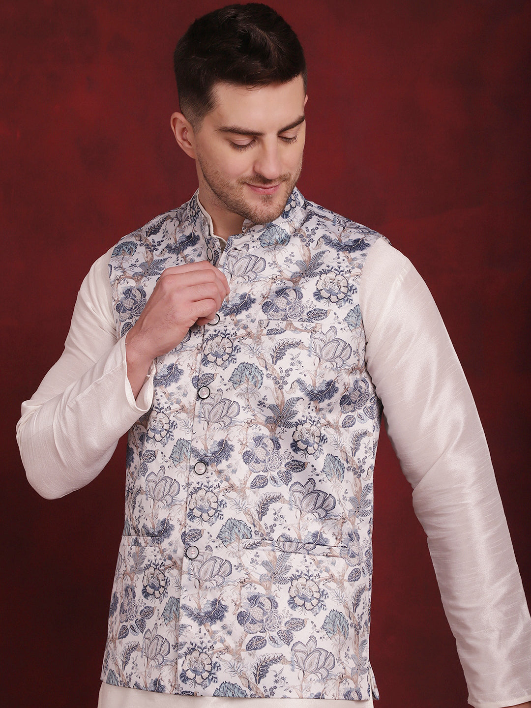 Men's White Floral Printed Nehru Jacket With Kurta Pyjama Set - Taantav