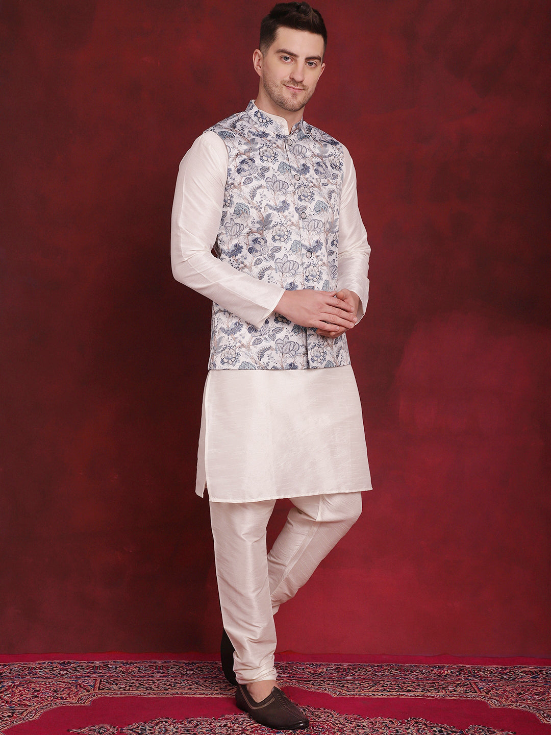 Men's White Floral Printed Nehru Jacket With Kurta Pyjama Set - Taantav