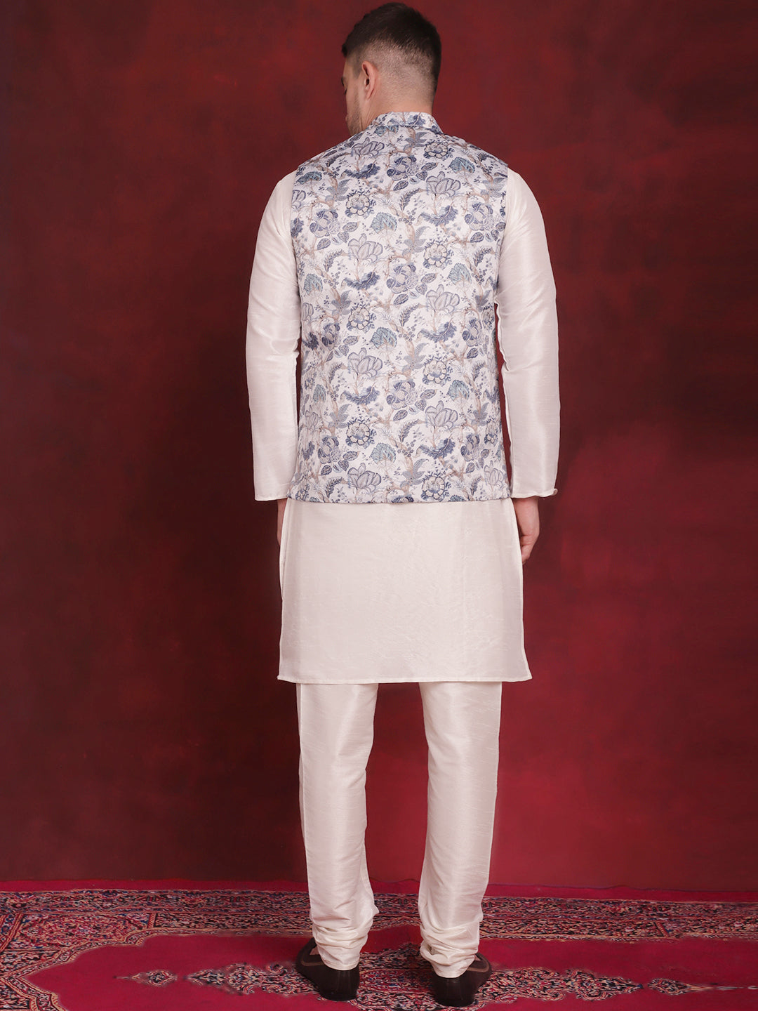 Men's White Floral Printed Nehru Jacket With Kurta Pyjama Set - Taantav