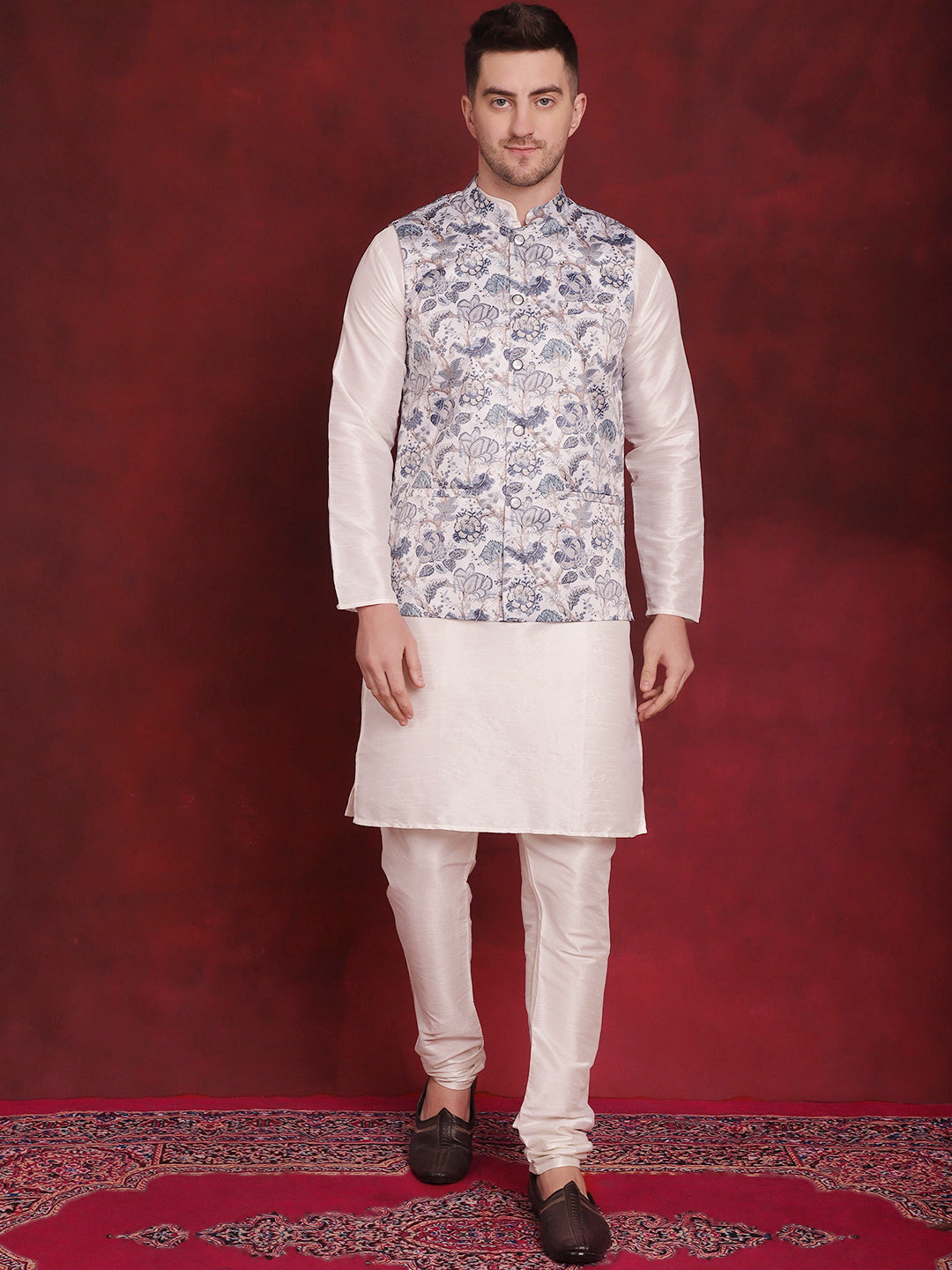 Men's White Floral Printed Nehru Jacket With Kurta Pyjama Set - Taantav