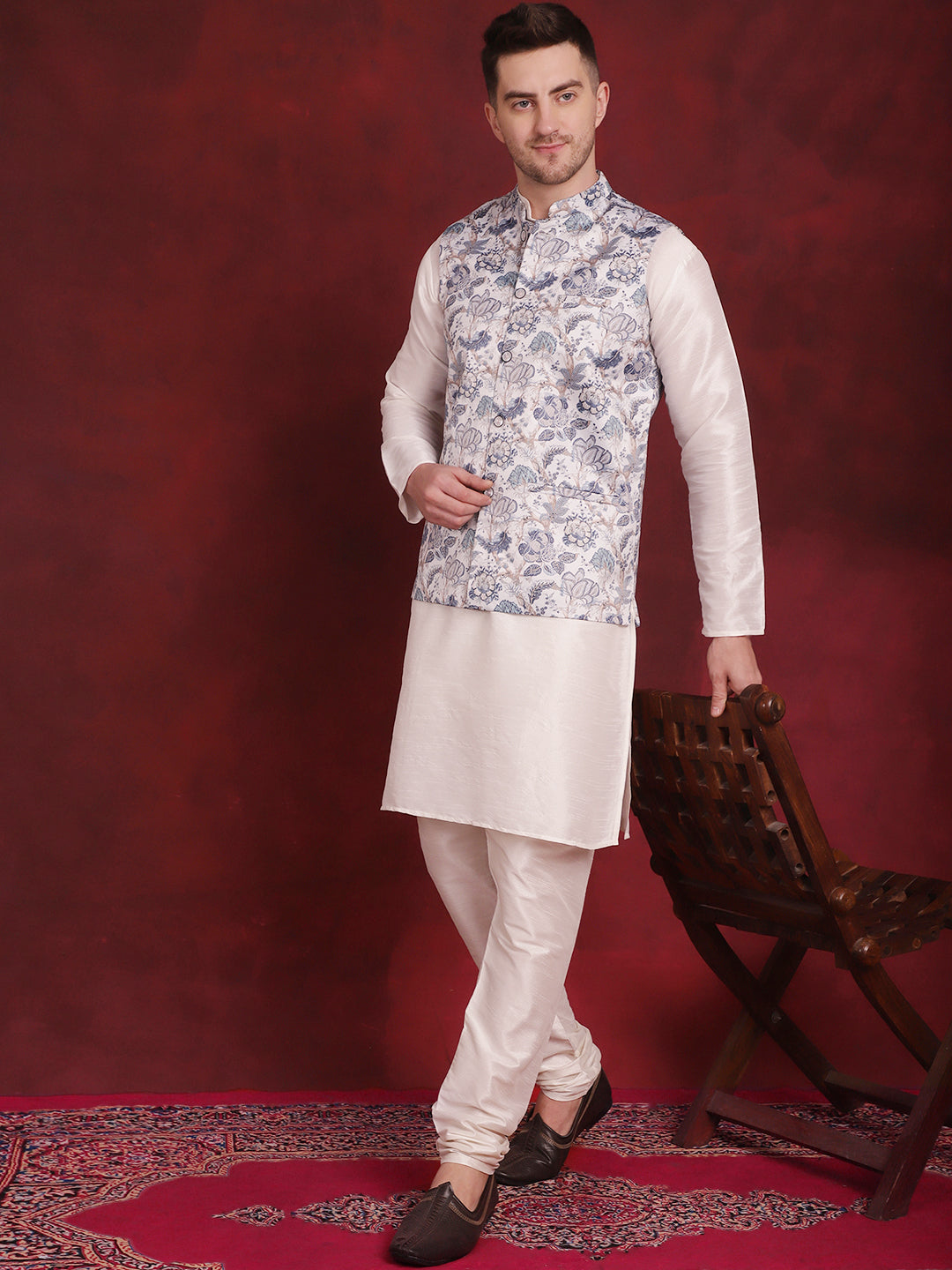 Men's White Floral Printed Nehru Jacket With Kurta Pyjama Set - Taantav