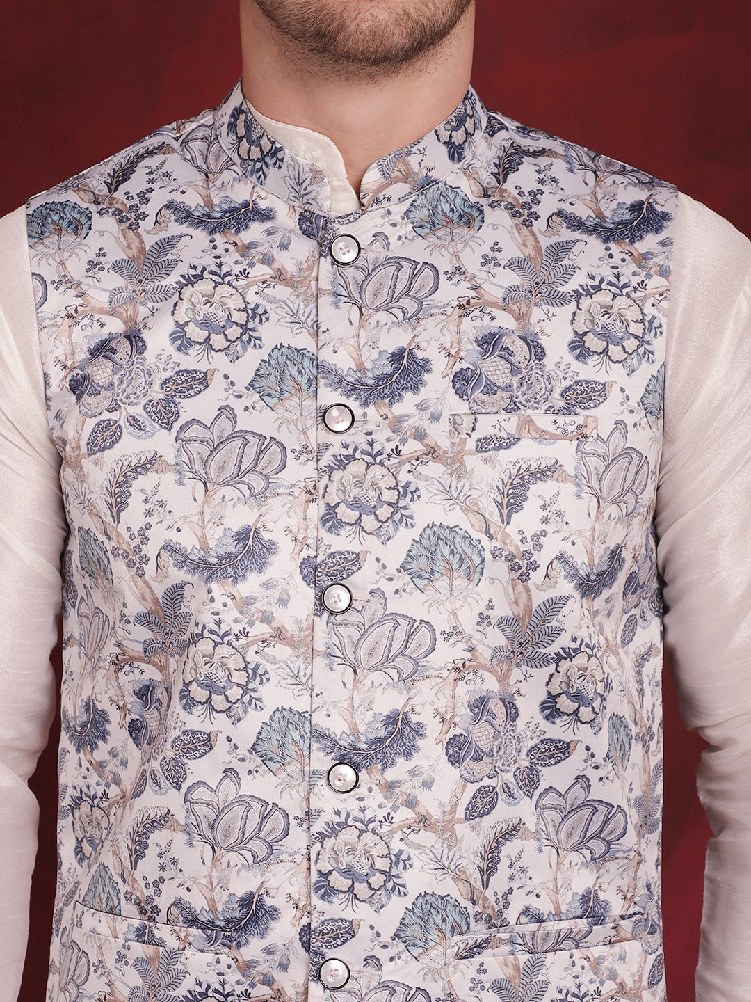 Men's White Floral Printed Nehru Jacket With Kurta Pyjama Set - Taantav