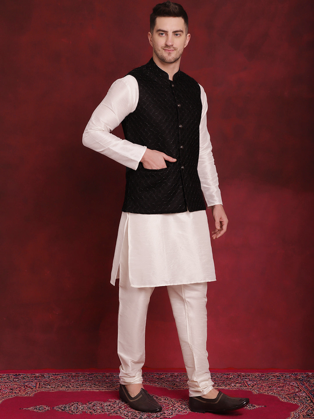 Men's Black Woven Design Nehru Jacket With Kurta Pyjama Set - Taantav