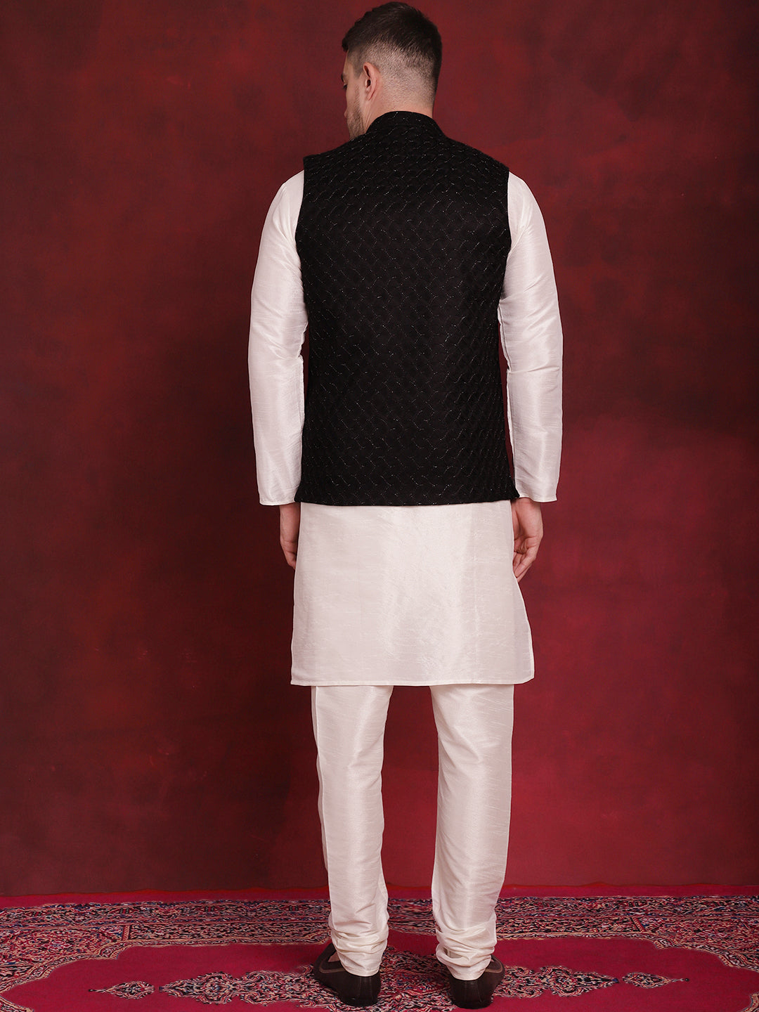 Men's Black Woven Design Nehru Jacket With Kurta Pyjama Set - Taantav