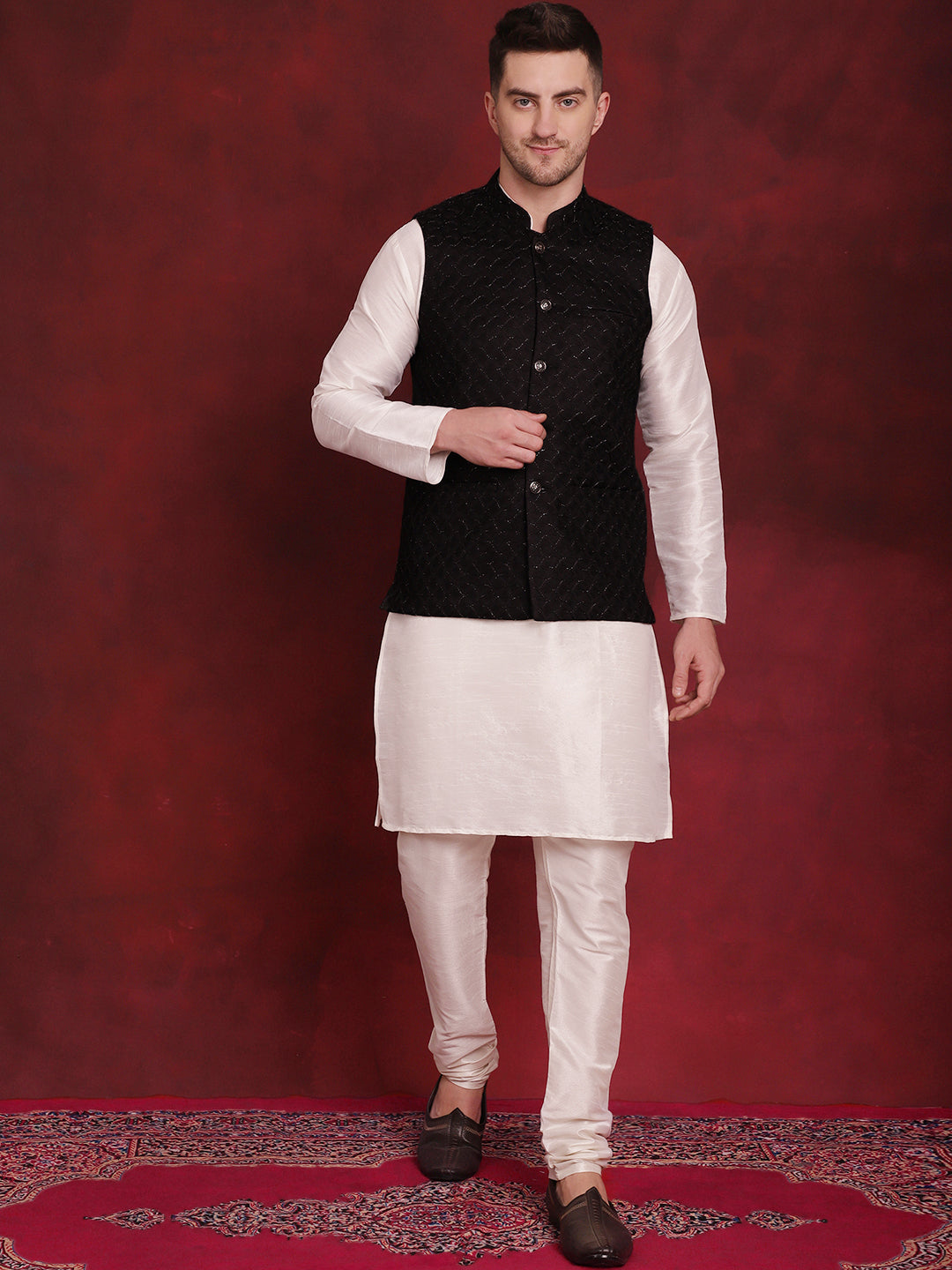 Men's Black Woven Design Nehru Jacket With Kurta Pyjama Set - Taantav