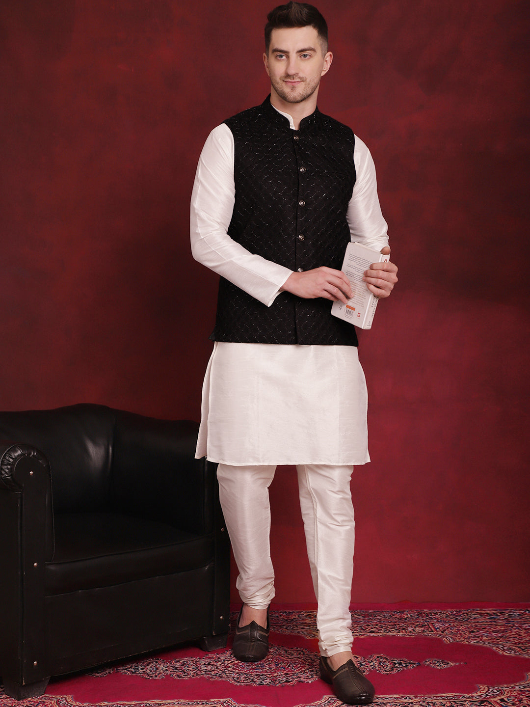 Men's Black Woven Design Nehru Jacket With Kurta Pyjama Set - Taantav