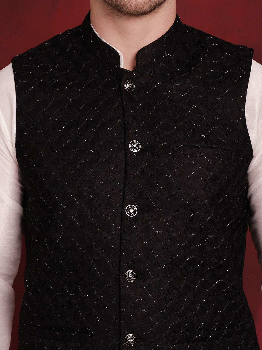 Men's Black Woven Design Nehru Jacket With Kurta Pyjama Set - Taantav