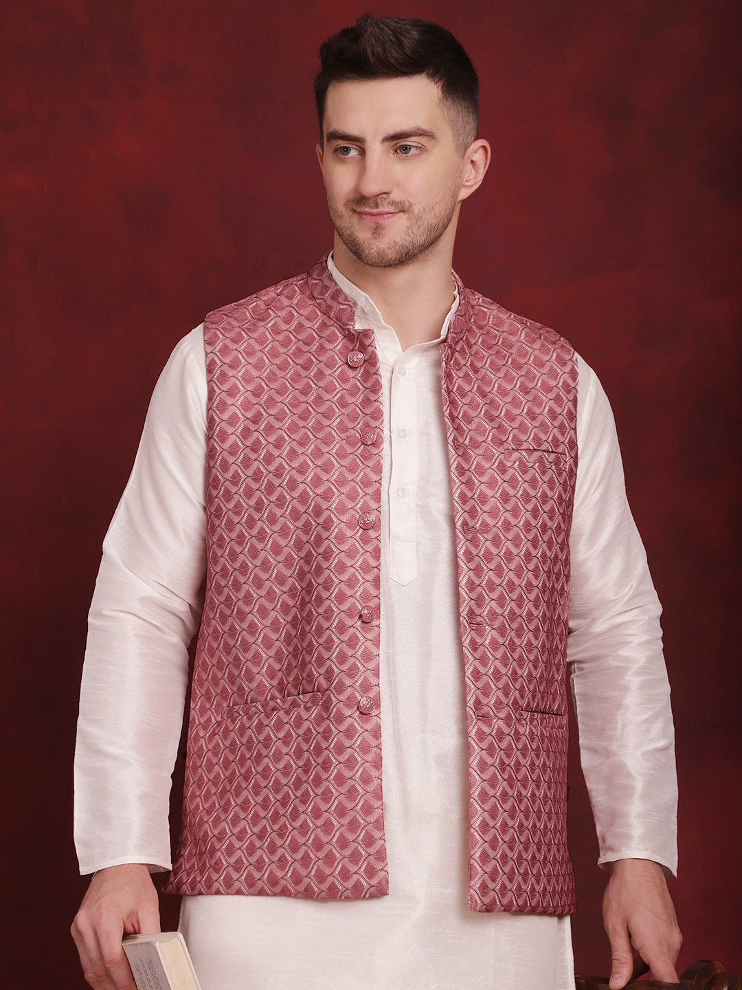 Men's Coral Woven Design Nehru Jacket With Kurta Pyjama Set - Taantav