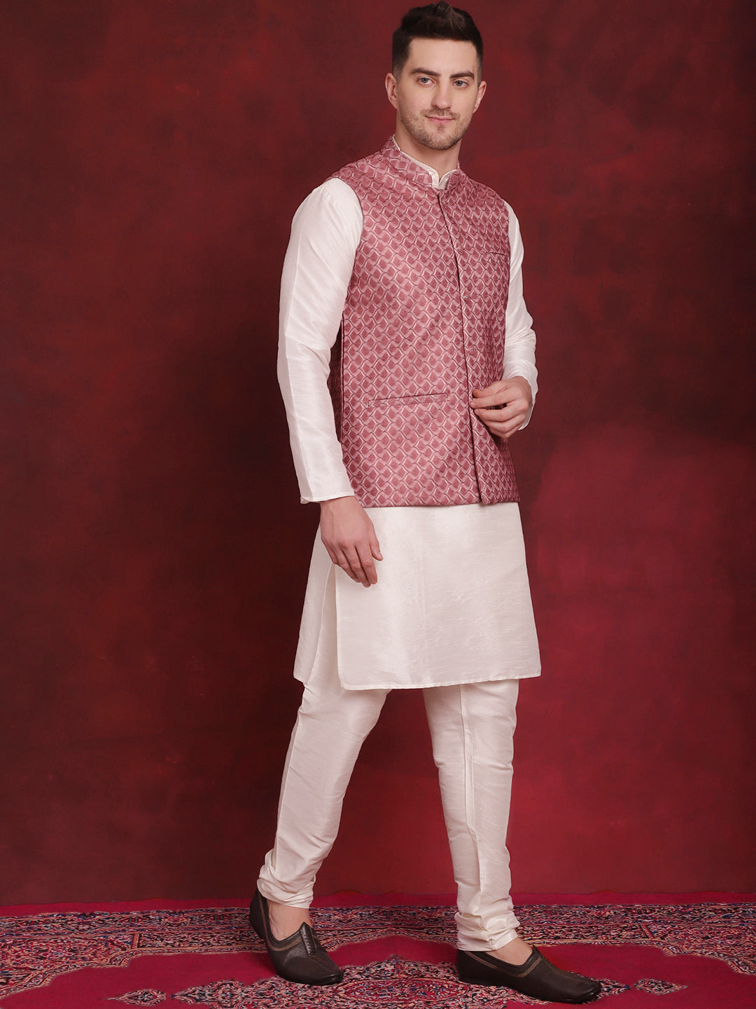 Men's Coral Woven Design Nehru Jacket With Kurta Pyjama Set - Taantav