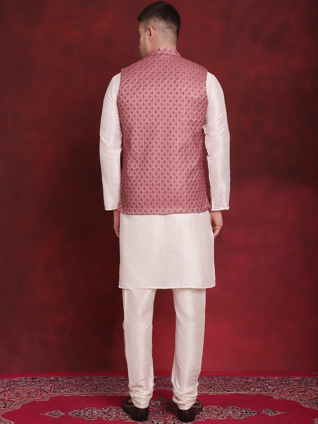 Men's Coral Woven Design Nehru Jacket With Kurta Pyjama Set - Taantav