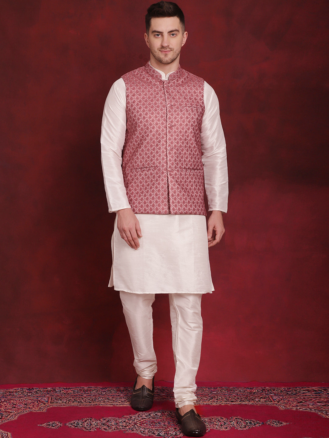 Men's Coral Woven Design Nehru Jacket With Kurta Pyjama Set - Taantav