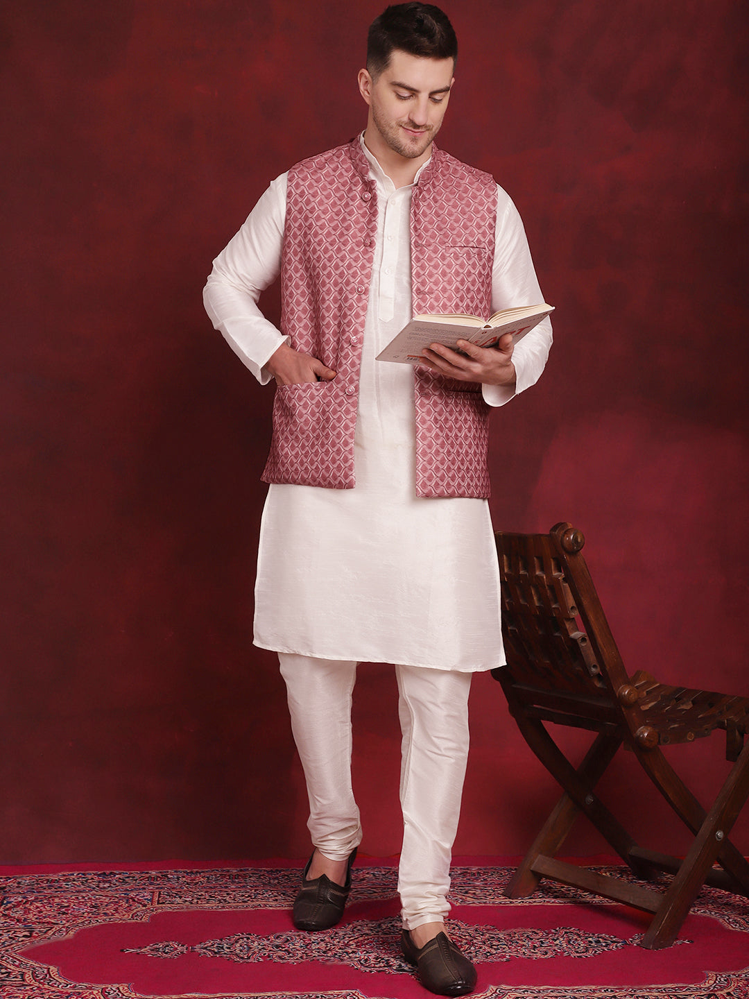 Men's Coral Woven Design Nehru Jacket With Kurta Pyjama Set - Taantav