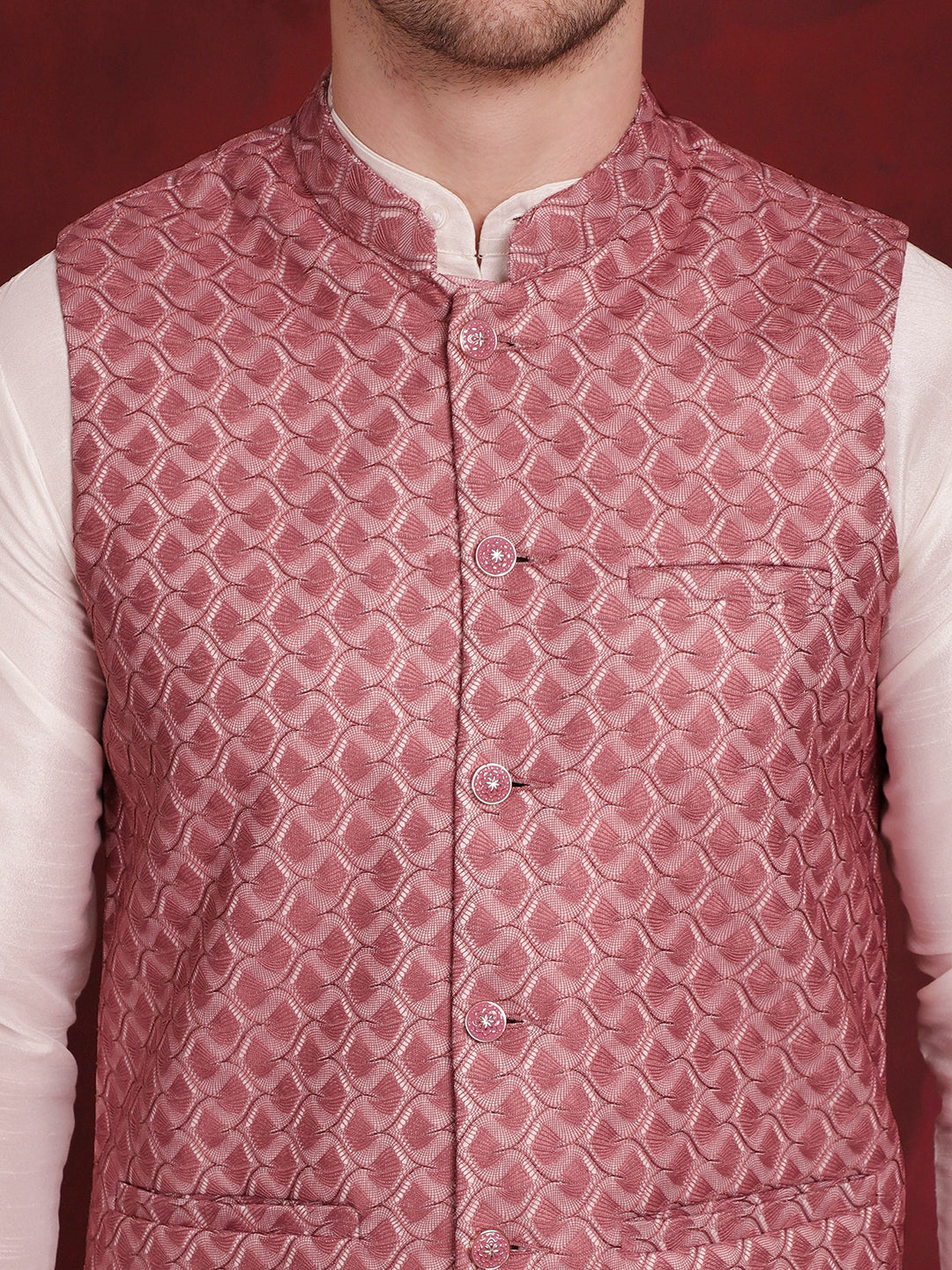 Men's Coral Woven Design Nehru Jacket With Kurta Pyjama Set - Taantav