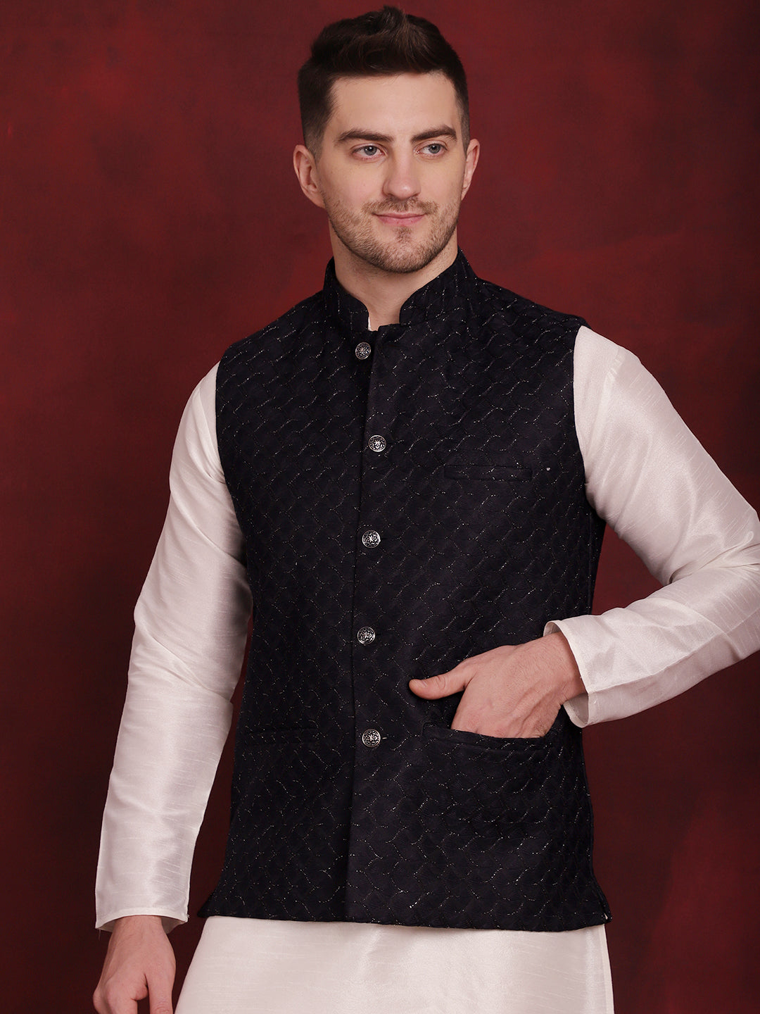 Men's Navy Blue Woven Design Nehru Jacket With Kurta Pyjama Set - Taantav