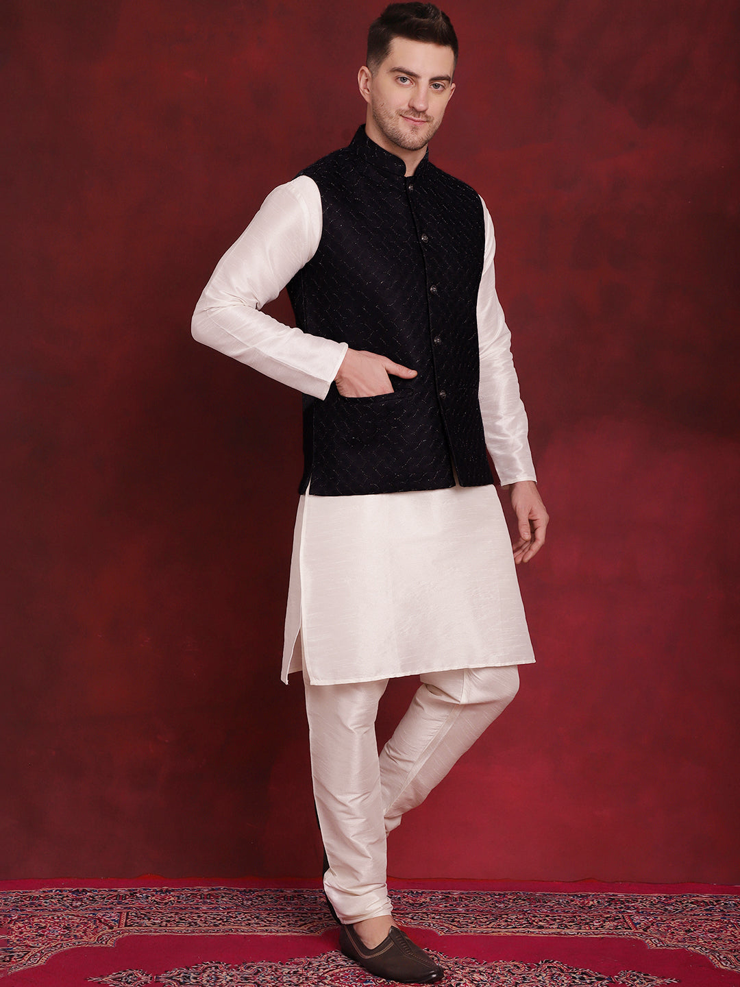 Men's Navy Blue Woven Design Nehru Jacket With Kurta Pyjama Set - Taantav