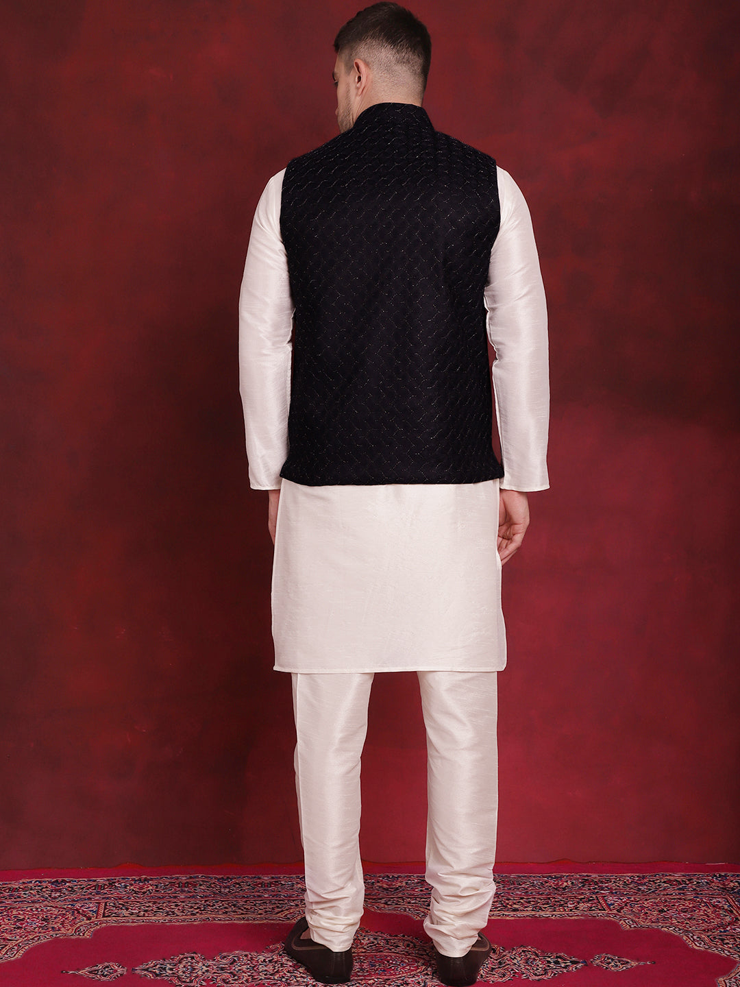 Men's Navy Blue Woven Design Nehru Jacket With Kurta Pyjama Set - Taantav