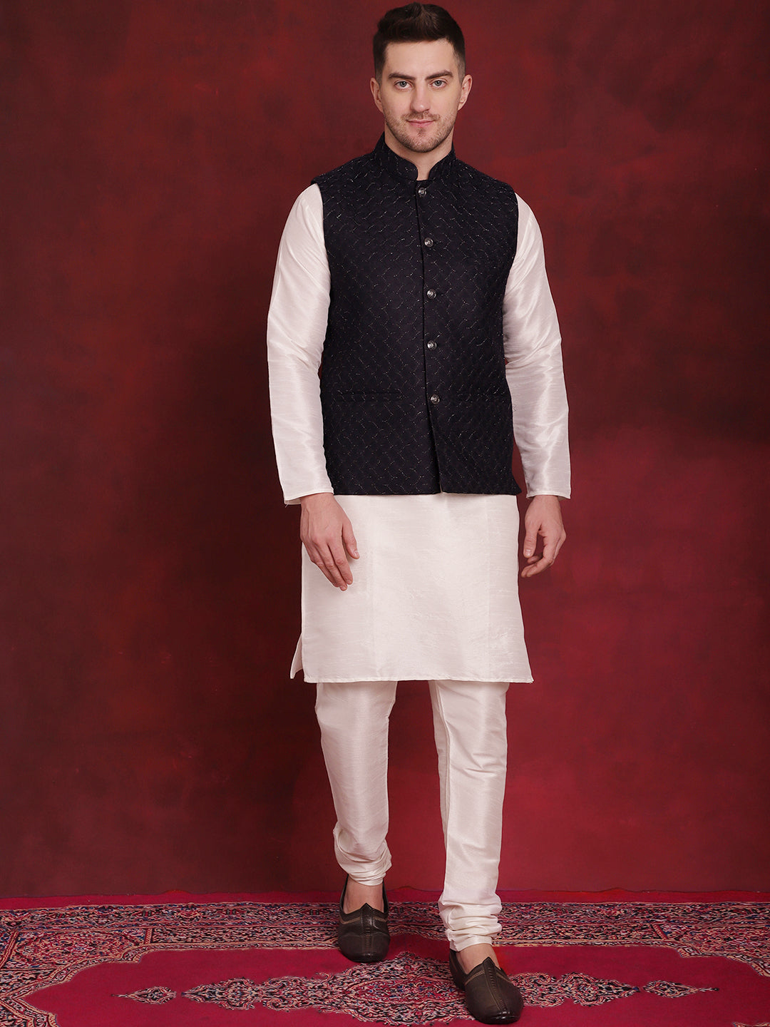 Men's Navy Blue Woven Design Nehru Jacket With Kurta Pyjama Set - Taantav