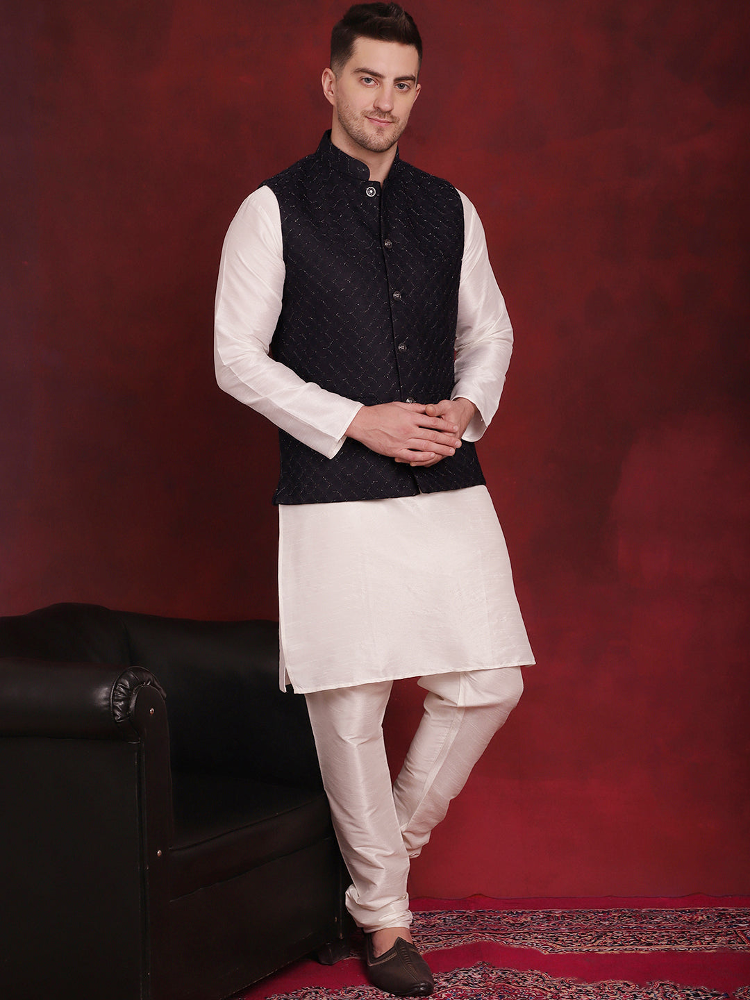 Men's Navy Blue Woven Design Nehru Jacket With Kurta Pyjama Set - Taantav