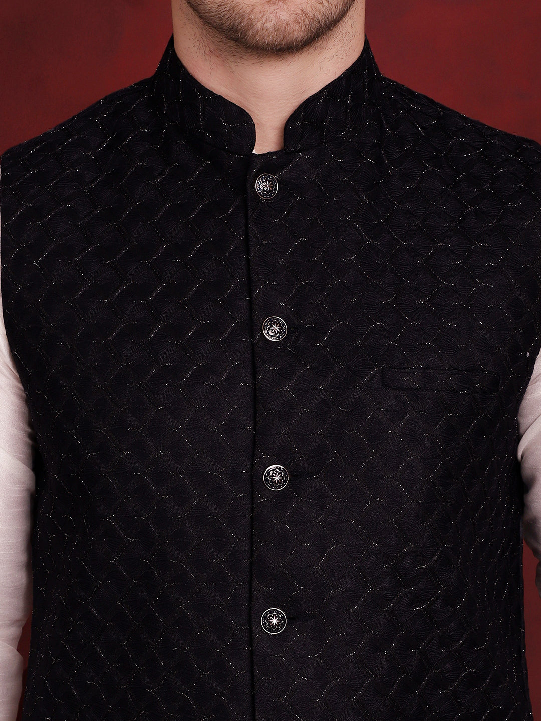 Men's Navy Blue Woven Design Nehru Jacket With Kurta Pyjama Set - Taantav