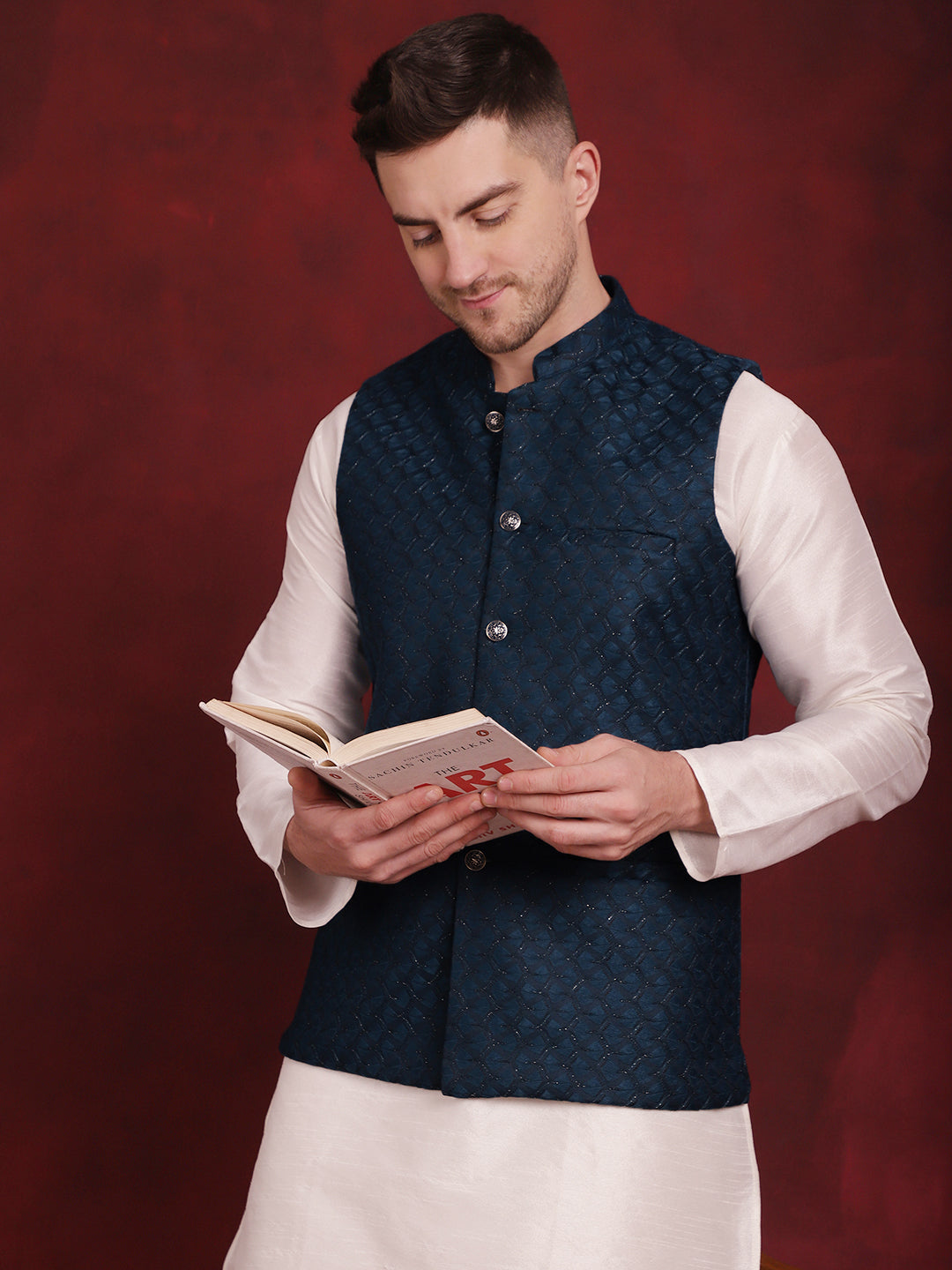 Men's Blue Woven Design Nehru Jacket With Kurta Pyjama Set - Taantav