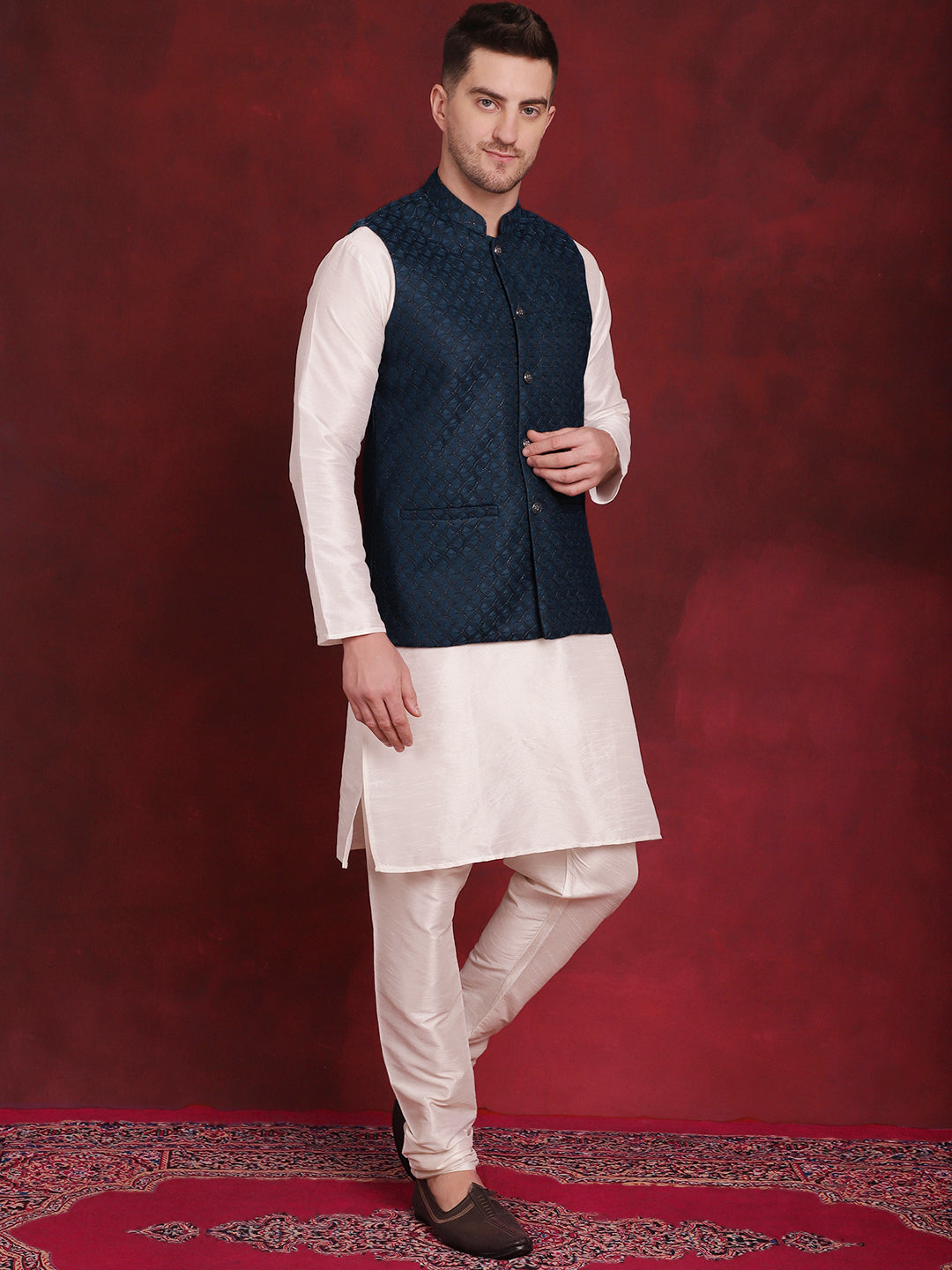 Men's Blue Woven Design Nehru Jacket With Kurta Pyjama Set - Taantav