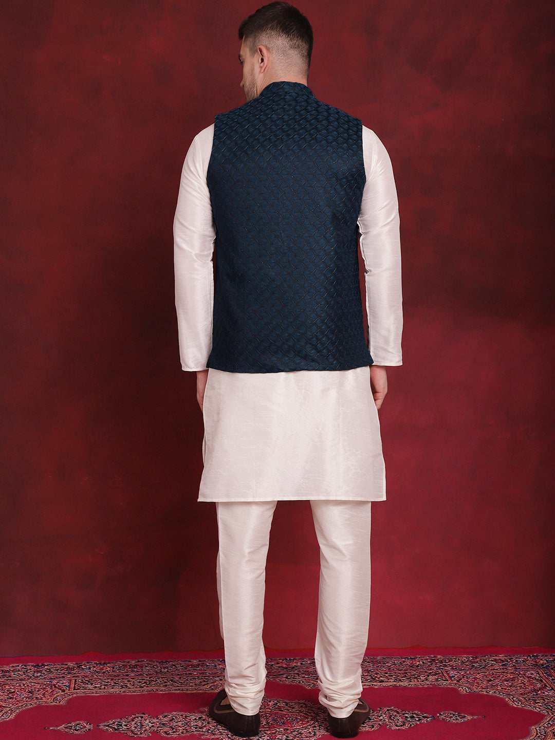 Men's Blue Woven Design Nehru Jacket With Kurta Pyjama Set - Taantav