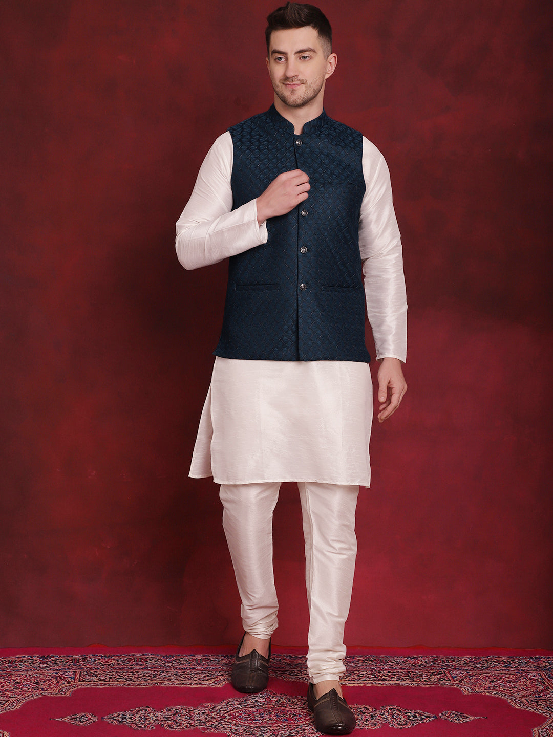 Men's Blue Woven Design Nehru Jacket With Kurta Pyjama Set - Taantav