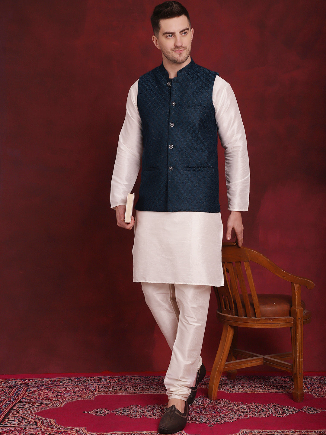 Men's Blue Woven Design Nehru Jacket With Kurta Pyjama Set - Taantav