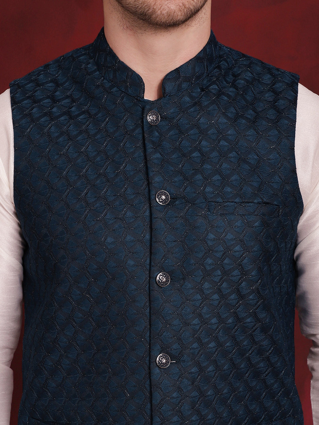 Men's Blue Woven Design Nehru Jacket With Kurta Pyjama Set - Taantav