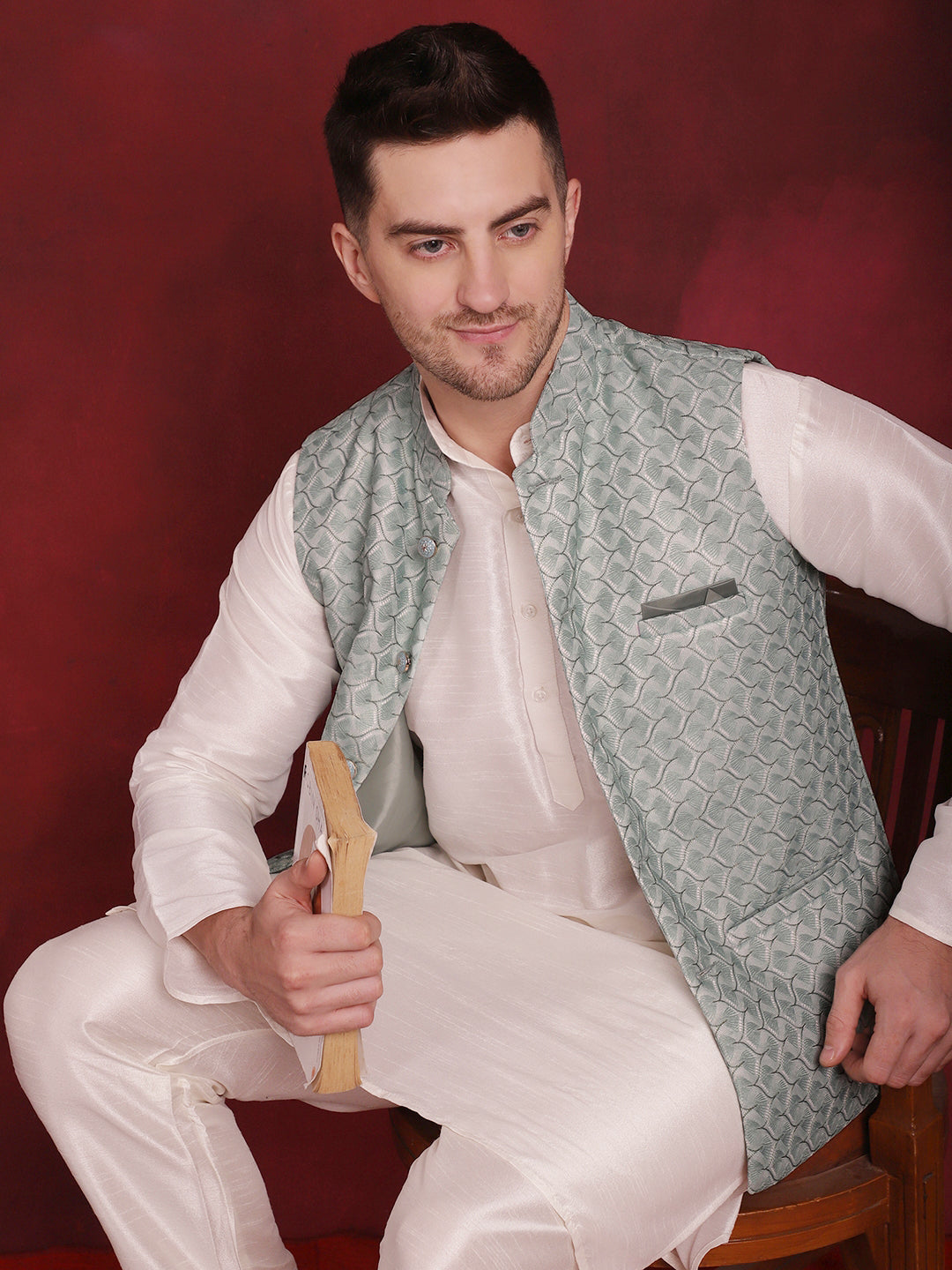 Men's Green Woven Design Nehru Jacket With Kurta Pyjama Set - Taantav