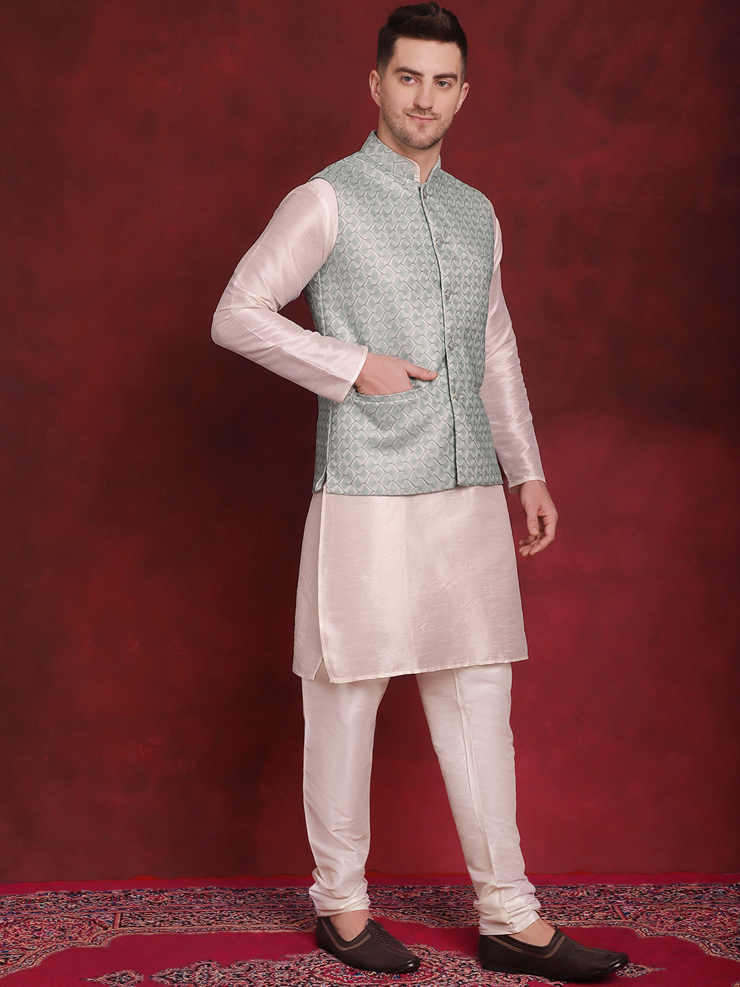 Men's Green Woven Design Nehru Jacket With Kurta Pyjama Set - Taantav