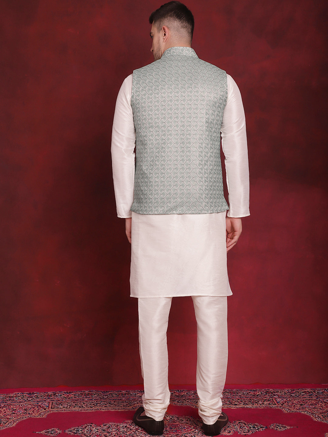 Men's Green Woven Design Nehru Jacket With Kurta Pyjama Set - Taantav