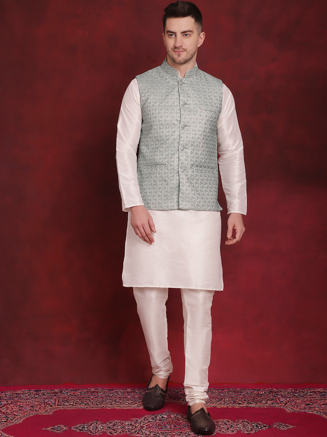 Men's Green Woven Design Nehru Jacket With Kurta Pyjama Set - Taantav