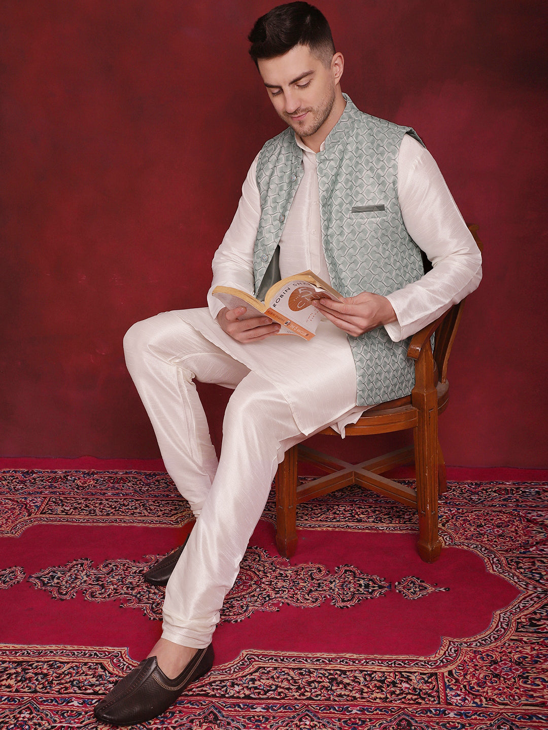 Men's Green Woven Design Nehru Jacket With Kurta Pyjama Set - Taantav