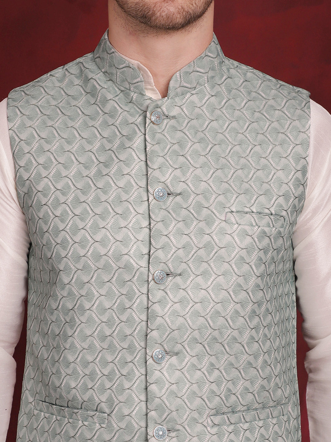 Men's Green Woven Design Nehru Jacket With Kurta Pyjama Set - Taantav