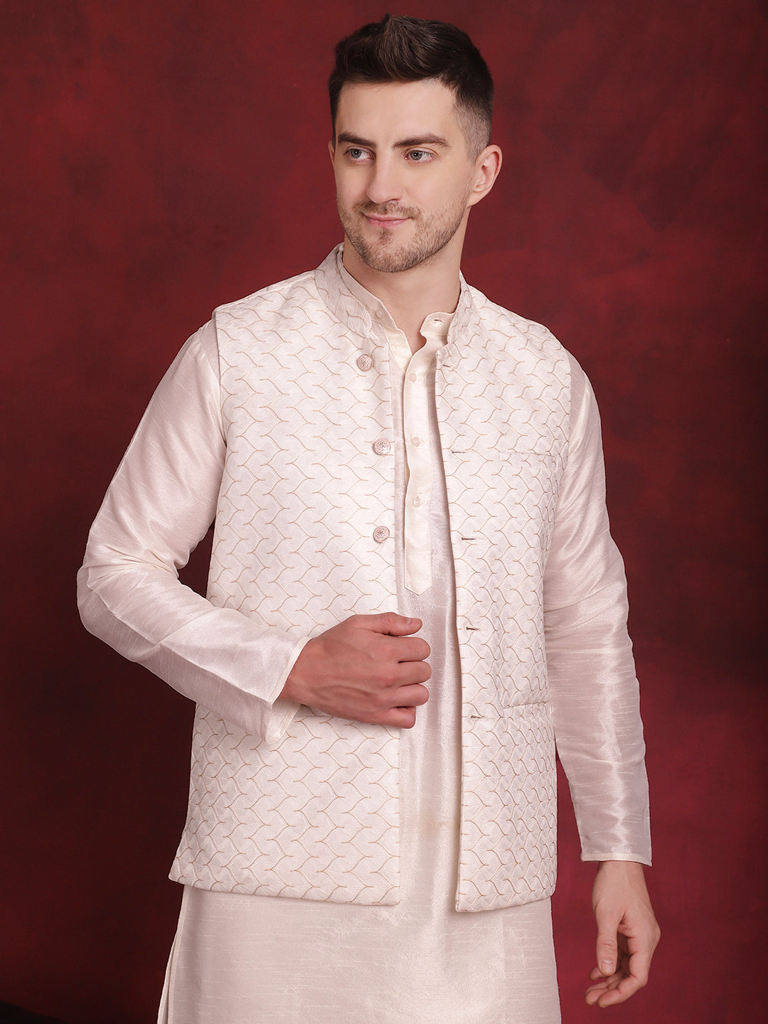 Men's White Woven Design Nehru Jacket With Kurta Pyjama Set - Taantav