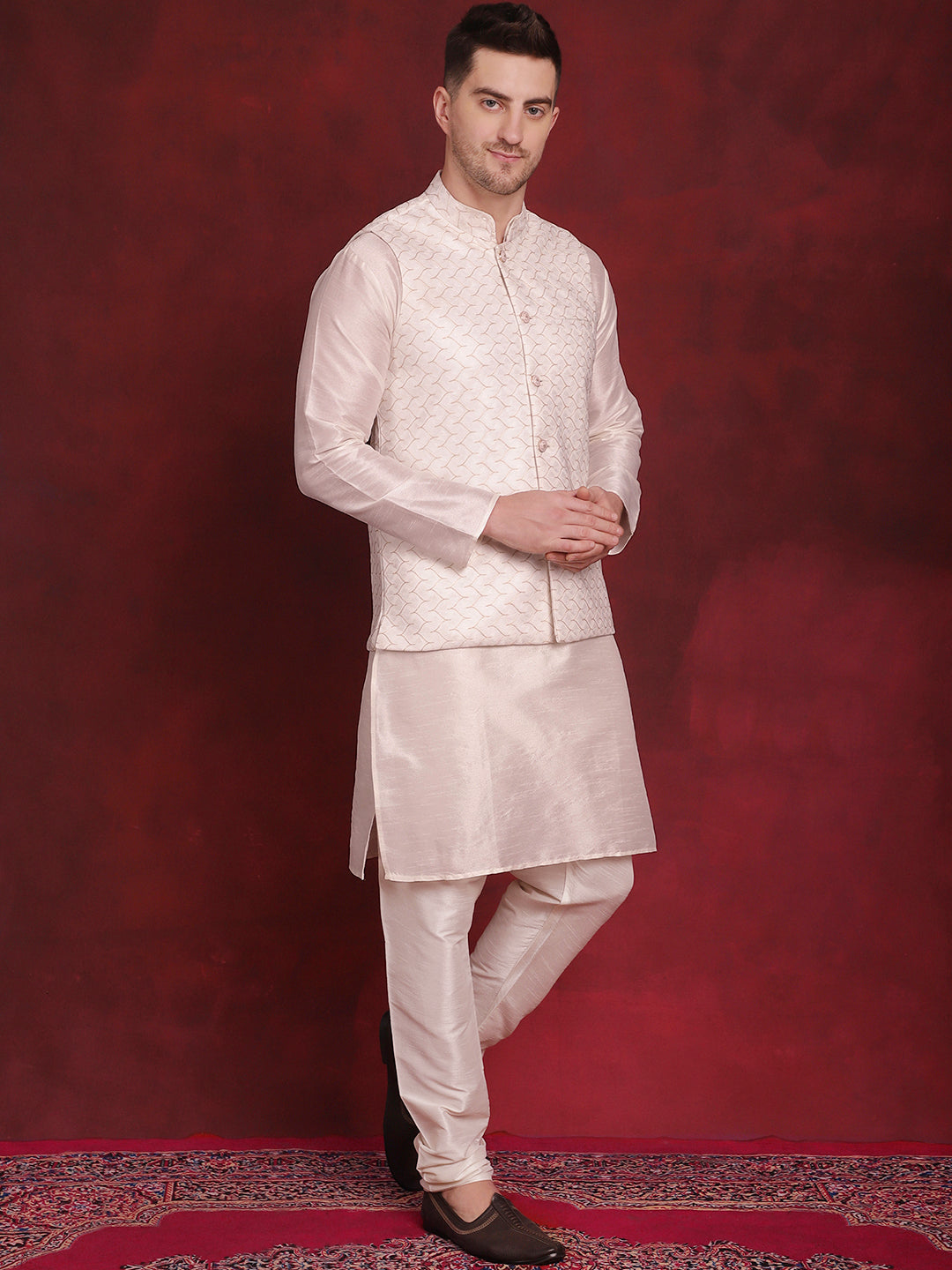 Men's White Woven Design Nehru Jacket With Kurta Pyjama Set - Taantav