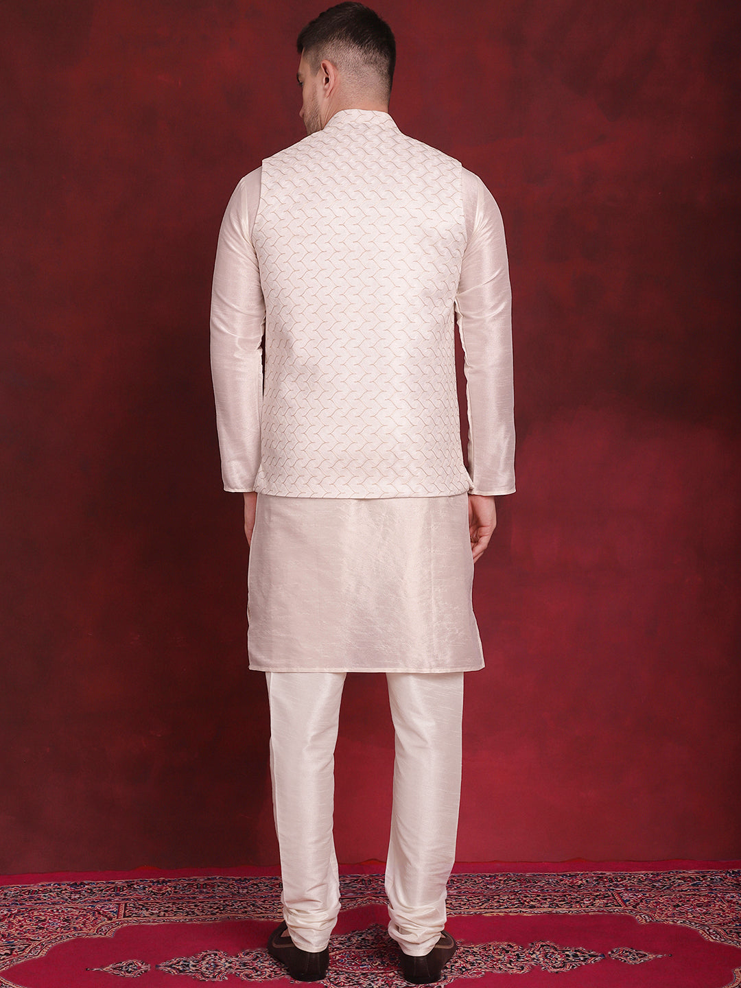 Men's White Woven Design Nehru Jacket With Kurta Pyjama Set - Taantav