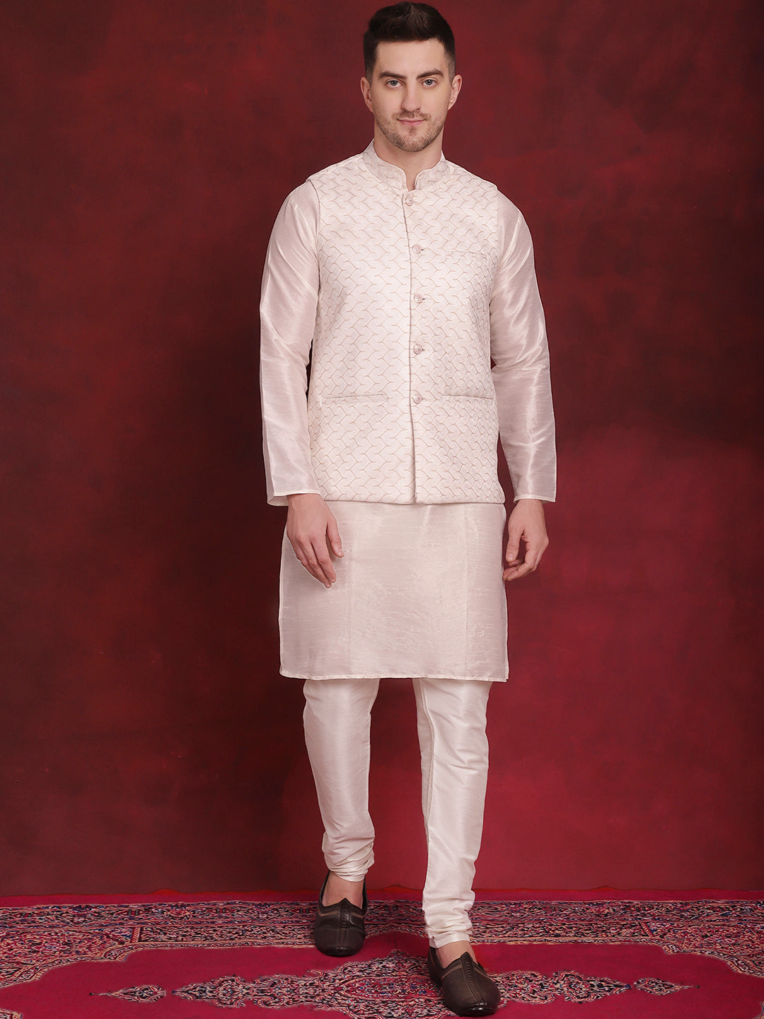 Men's White Woven Design Nehru Jacket With Kurta Pyjama Set - Taantav