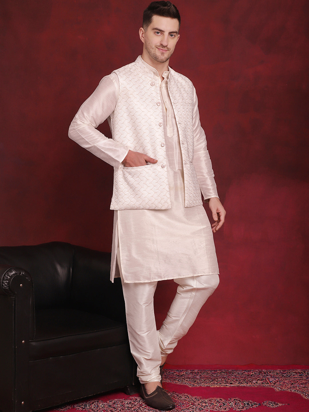 Men's White Woven Design Nehru Jacket With Kurta Pyjama Set - Taantav