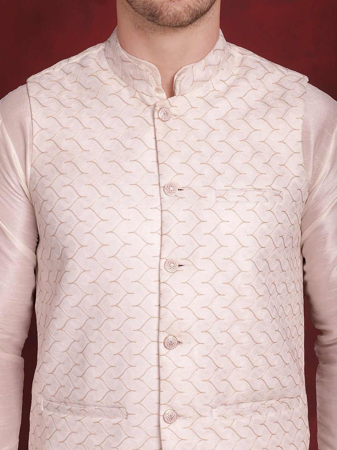 Men's White Woven Design Nehru Jacket With Kurta Pyjama Set - Taantav