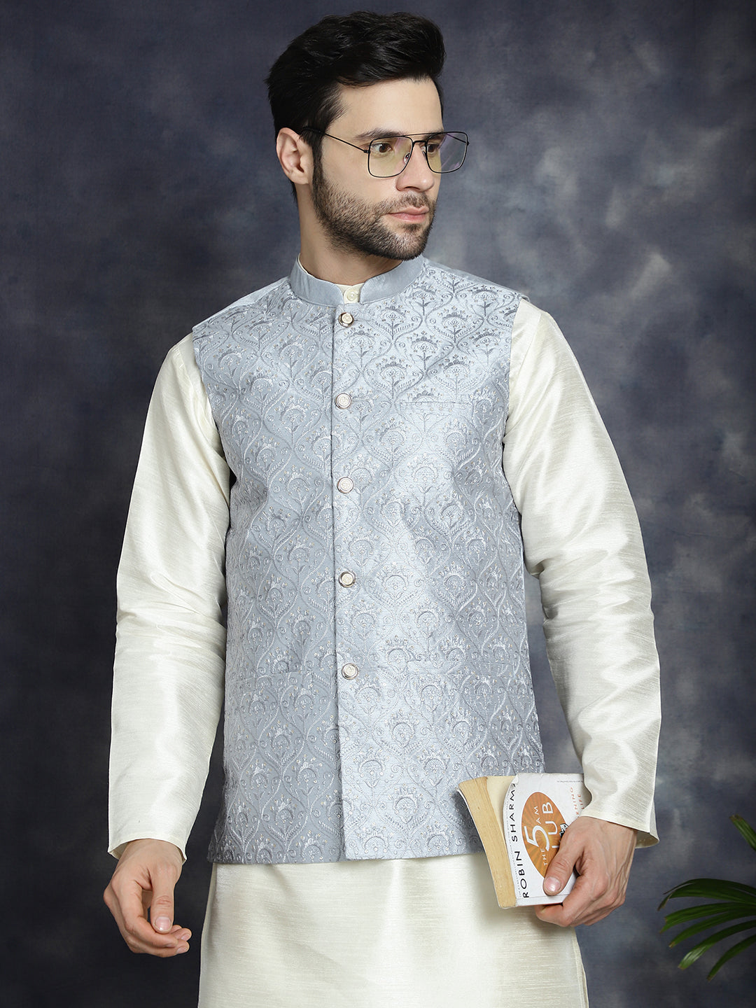 Men's Sequins and Embroidered Nehru Jacket With Solid Kurta Pyjama - Taantav