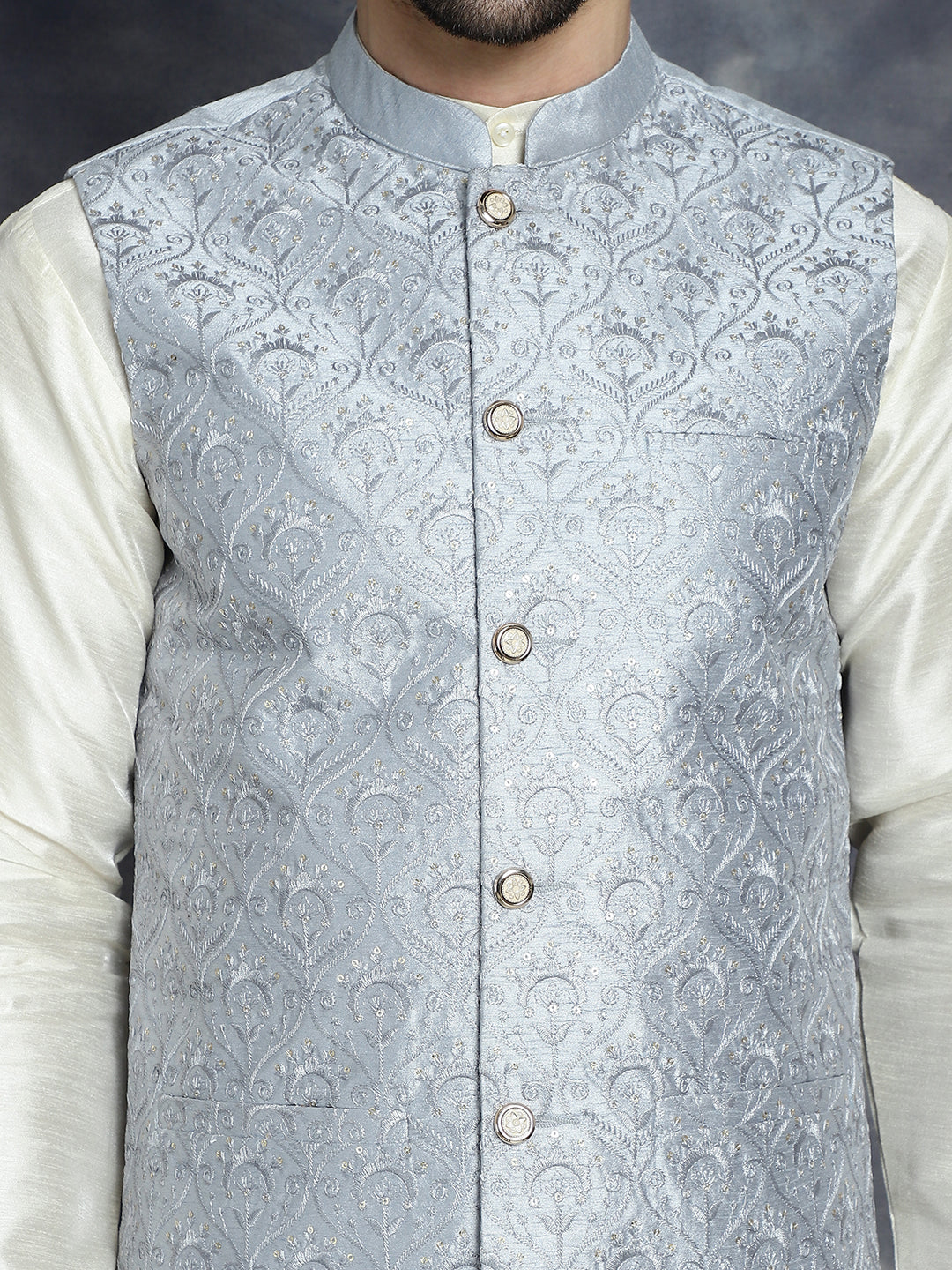 Men's Sequins and Embroidered Nehru Jacket With Solid Kurta Pyjama - Taantav