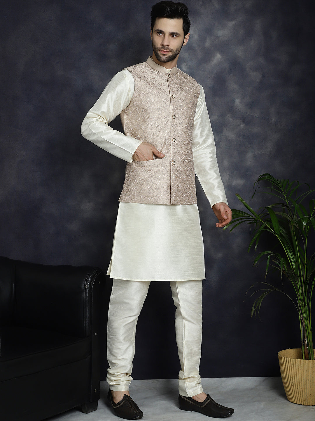 Men's Sequins and Embroidered Nehru Jacket With Solid Kurta Pyjama - Taantav