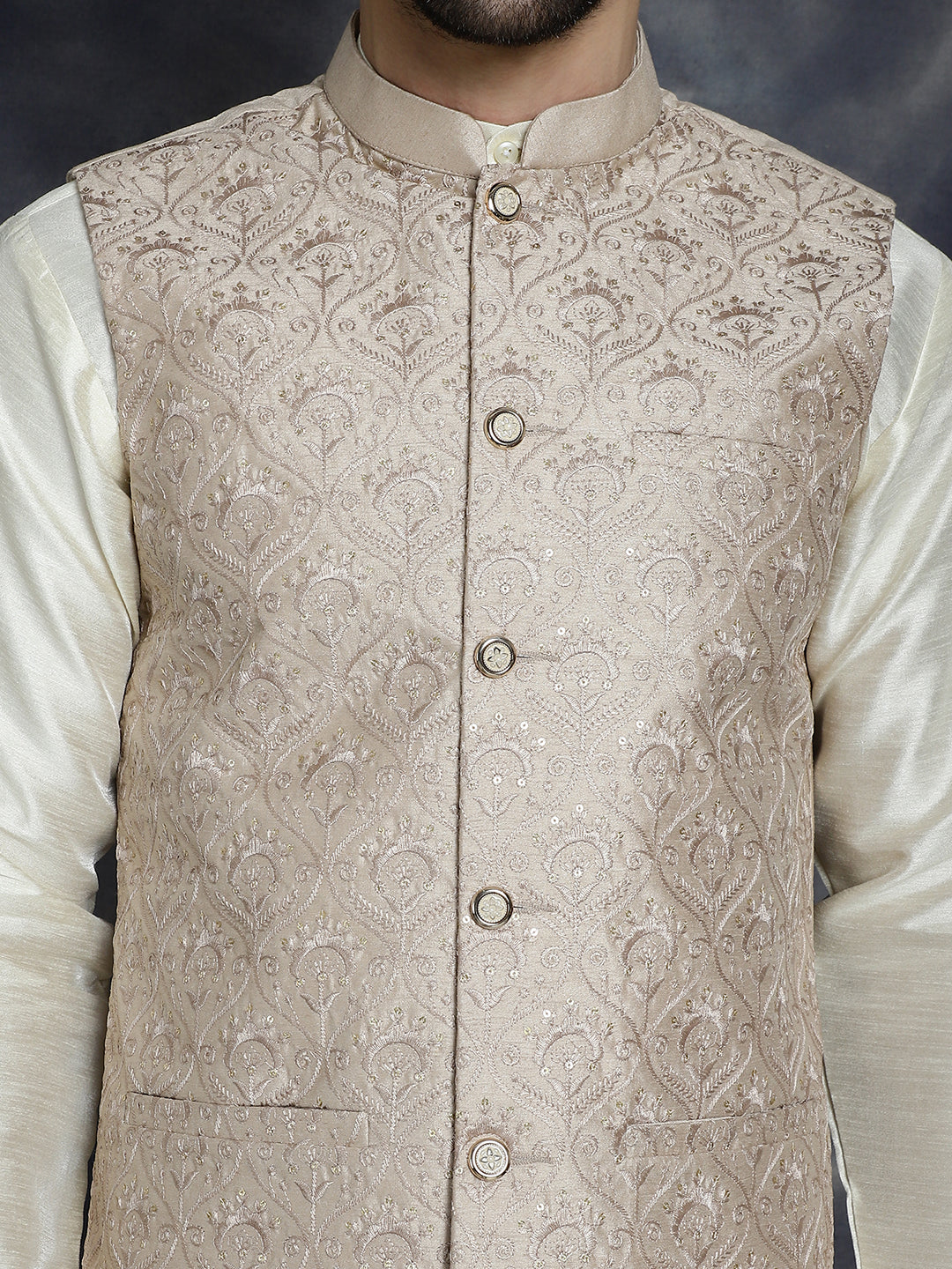 Men's Sequins and Embroidered Nehru Jacket With Solid Kurta Pyjama - Taantav