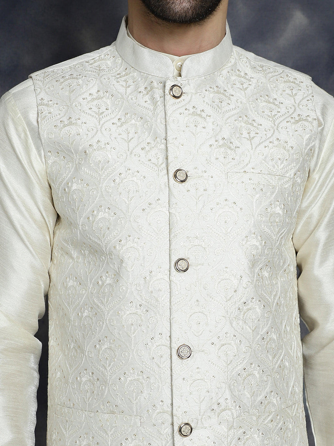 Men's Sequins and Embroidered Nehru Jacket With Solid Kurta Pyjama - Taantav