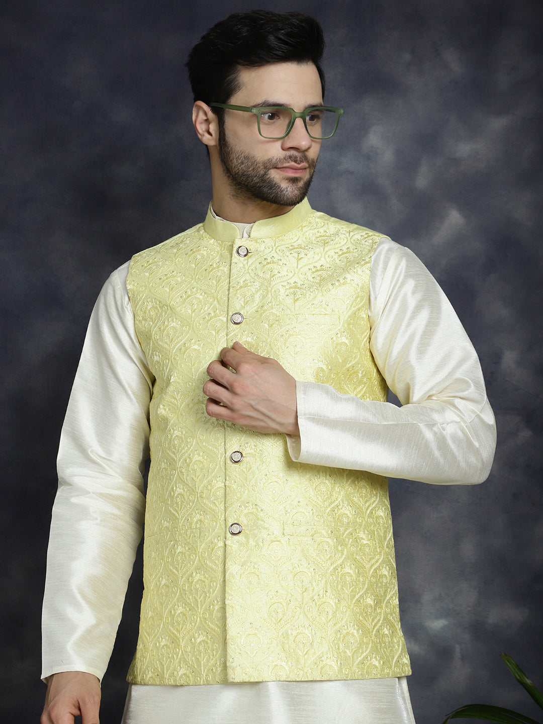 Men's Sequins and Embroidered Nehru Jacket With Solid Kurta Pyjama - Taantav